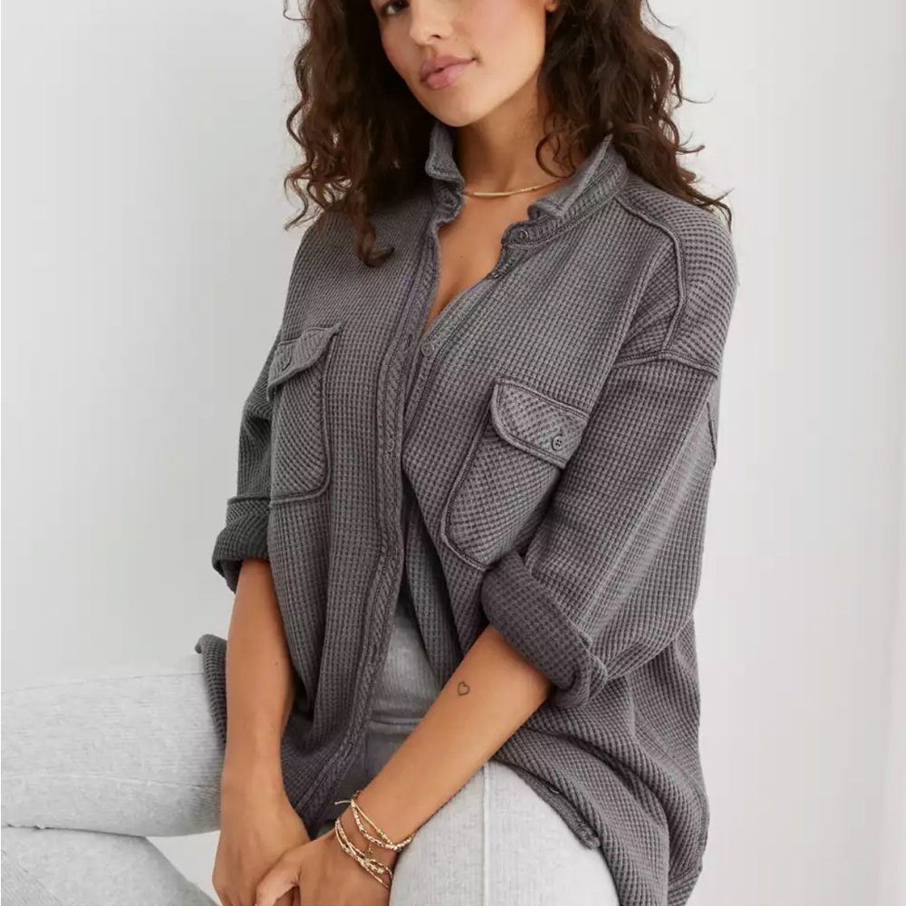Aerie LumberJane Waffle Shirt Smoked Gray Small